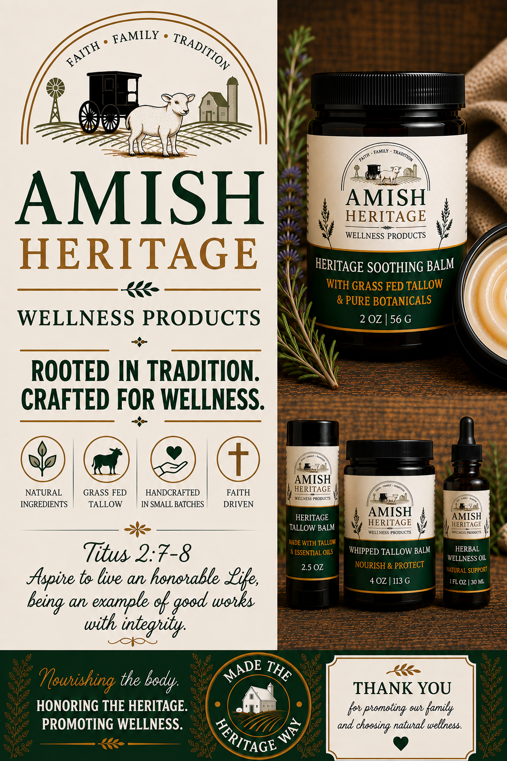 Amish Heritage Wellness Products brand board and product labels