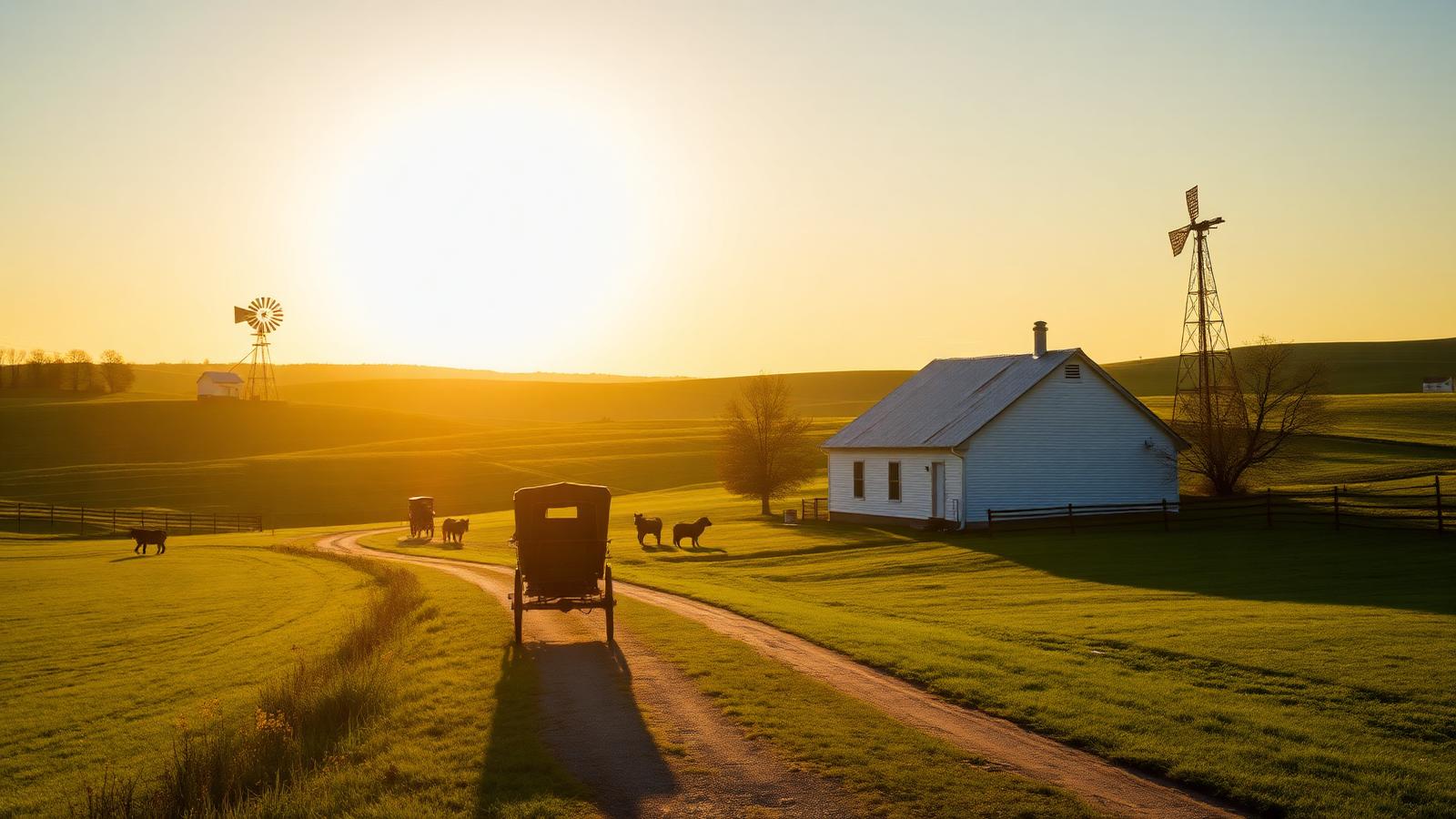 Amish countryside at golden hour with a horse-drawn buggy